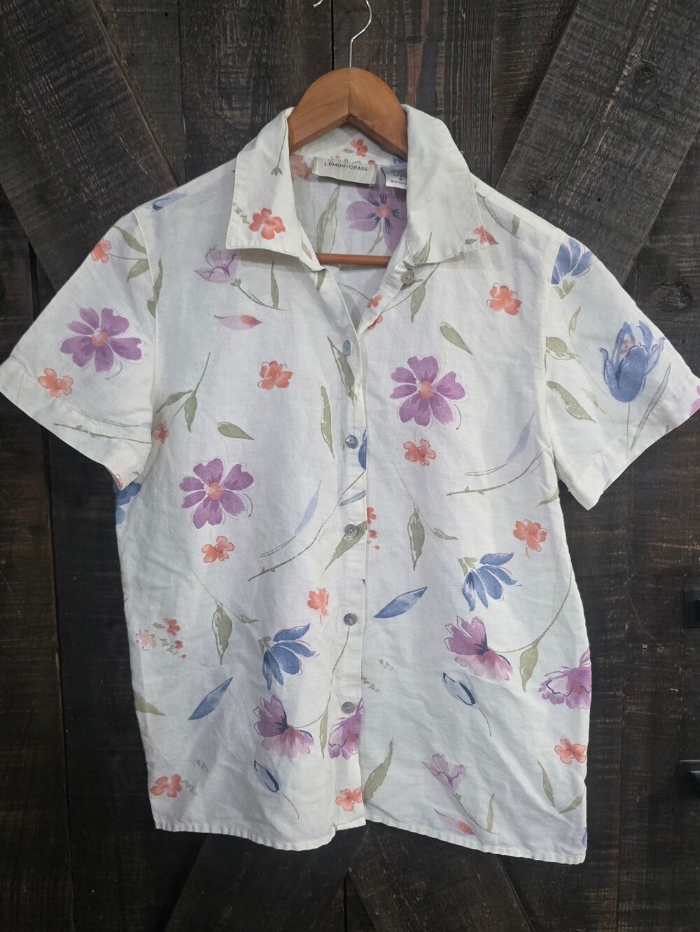 Lemon Grass Floral Short-Sleeve Button-Up Shirt Womens Small
